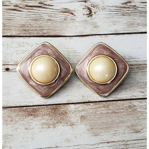 Vintage Clip On Earrings Large Faux Pearl with Diamond Shape Halo